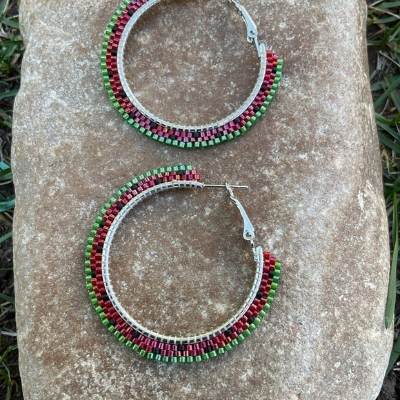 Red Watermelon 1 1/2” Beaded Hoops, New, Handmade by Me - Picture 5 of 10